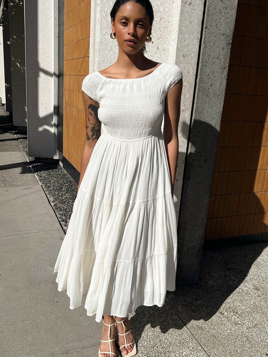 OAK + FORT Dresses & Skirts - OAK + FORT White Smocked Cap-Sleeve Midi Dress